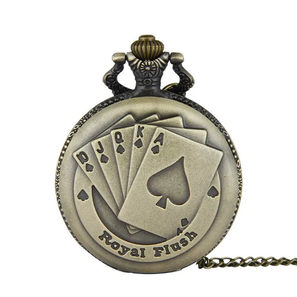 Royal Flush Poker Cards Antique Bronze Pocket Watch with Chain Necklace